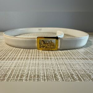 Celine Cream Leather Belt with Gold Horse Carriage Buckle Size 65